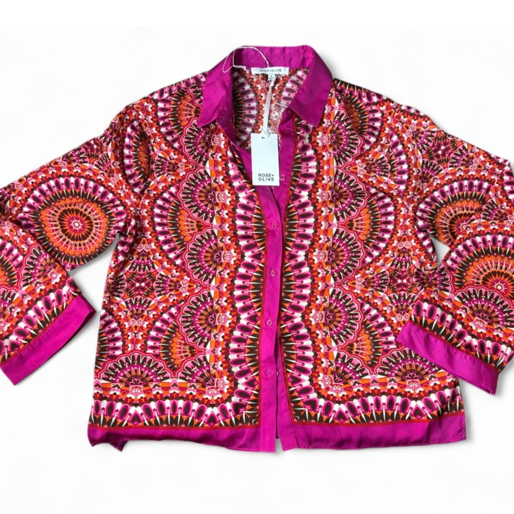 Rose + Olive Moroccan peasant collared button blouse in pink and or size Small
